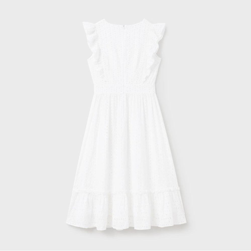 A-Line White Flutter Short Sleeve Eyelet Lace Embroidery Cotton Midi Dress - Picture 10 of 15